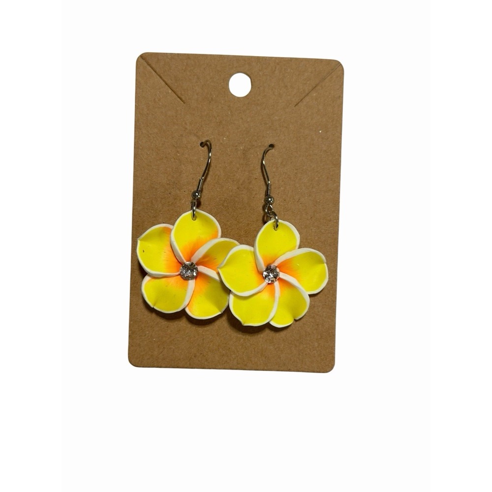 Yellow Plumeria Flower Drop Earrings Tropical Hawaiian Luau Rhinestone‎ Floral